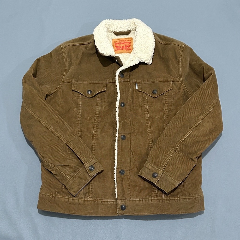 Levis Sherpa Lined Corduroy Trucker Jacket Mens L Brown Western Workwear
